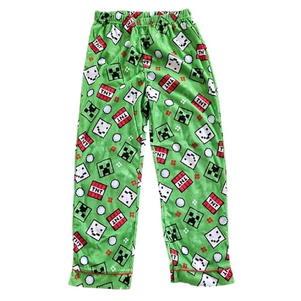 Minecraft Creeper TNT Fleece Pajama Set Gamer Sleepwear Kids Size M 8/10 Green